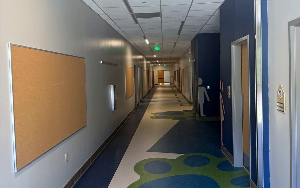 Long school corridor with resilient flooring, paw print inlays and cork boards along the wall