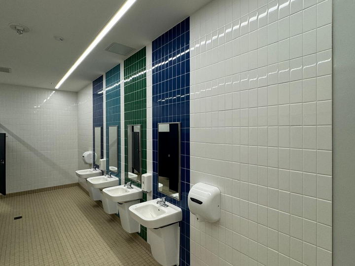 Row of wall-hung sinks against white tile with blue and green vertical bands and individual mirrors